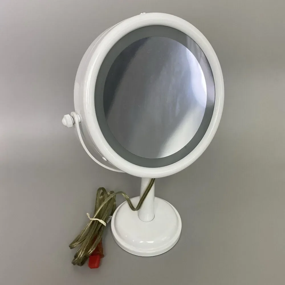 Vintage Lighted Vanity Makeup Mirror Round White Plug In 5x plus Magnification